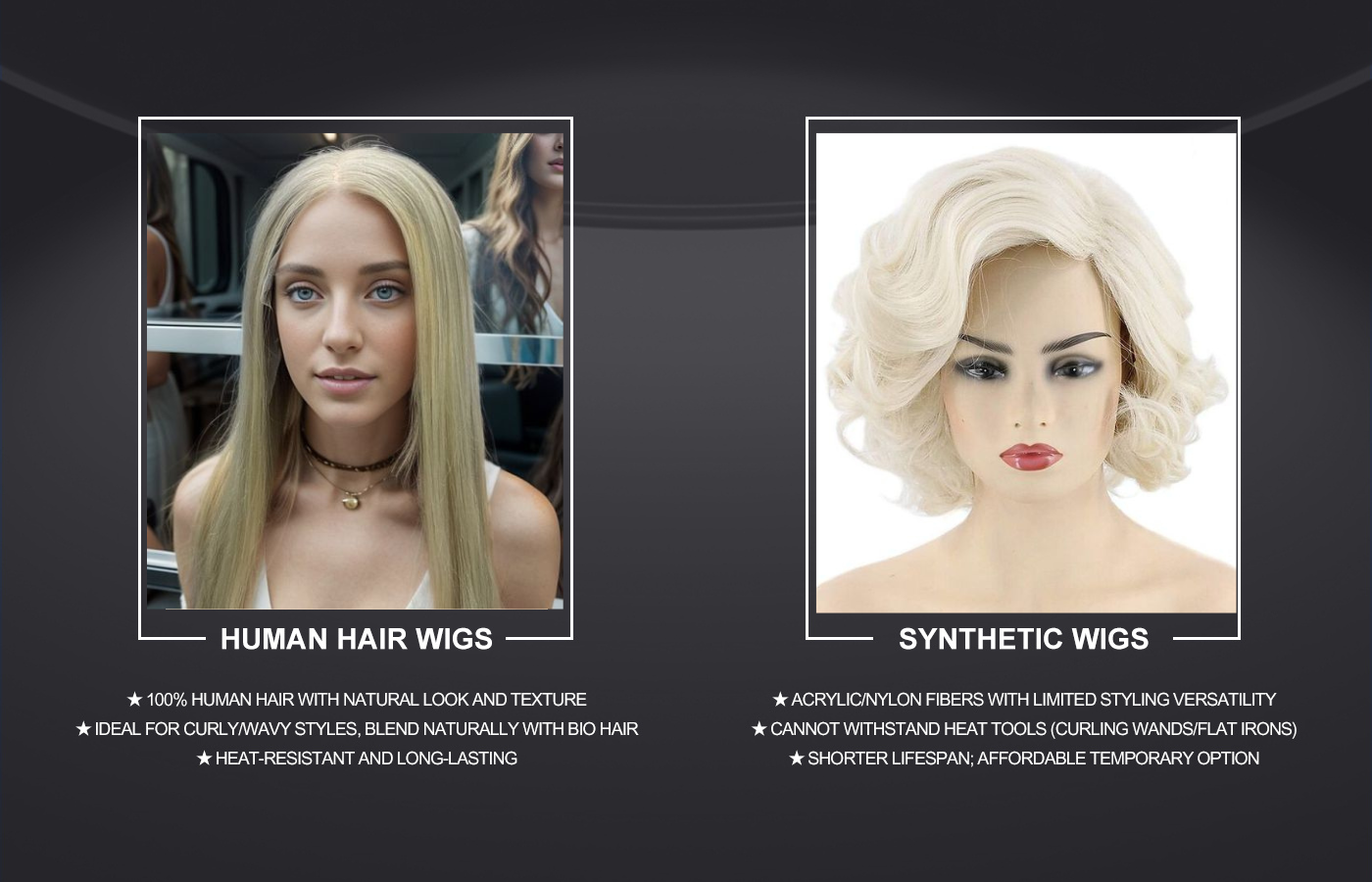 Different types of hair fibers used in lace front wigs.